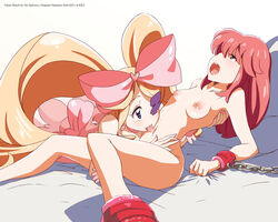 2girls ale-halexxx ale_(ale_halexxx) ankle_cuffs bed blonde_hair blush bondage bound bow chains drill_hair earrings eye_patch female female_only hairbow harime_nui heart heart_earrings jakuzure_nonon jewelry kill_la_kill licking long_hair multiple_girls nail_polish navel navel_licking nipples nude open_mouth pink_eyes pink_hair saliva small_breasts very_long_hair wrist_cuffs yuri