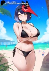 ai_generated beach bikini bird_mask black_hair choker crossed_arms genshin_impact kujou_sara large_breasts mask primosan short_hair side-tie_bikini_bottom yellow_eyes