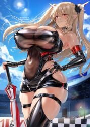 1girls 2020s 2024 2d 2d_(artwork) armpits belt belt_buckle big_breasts big_thighs black_choker black_panties blonde_hair blush bra_visible_through_clothes breasts choker cleavage elbow_gloves elf elf_ears female female_focus female_only fingerless_gloves fully_clothed gomi_(hakumaiteacher) hair_ornament hand_on_hip hi_res highres hips huge_breasts large_breasts large_thighs latex latex_clothing latex_elbow_gloves latex_legwear latex_suit latex_thighhighs light-skinned_female light_skin long_ears long_hair looking_at_viewer looking_down_at_viewer midriff miniskirt navel numako_(pizza_kanon) original original_character outdoors panties panty_peek pointy_ears race_queen revealing_clothes see-through see-through_clothing shiny_clothes skindentation skirt smile smiling solo solo_female solo_focus sun thick thick_thighs tight_clothing twintails umbrella underboob wide_hips