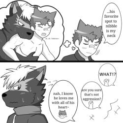 anthro bite bite_mark bite_mark_on_neck bite_mark_on_shoulder biting_another black_and_white canid canine canis comic dialogue domestic_dog dragokaizer666 duo human lifewonders male male/male male_only mammal mob monochrome neck_bite protagonist_(tokyo_afterschool_summoners) protagonist_1_(tokyo_afterschool_summoners) speech_bubble tadatomo text tokyo_afterschool_summoners translated