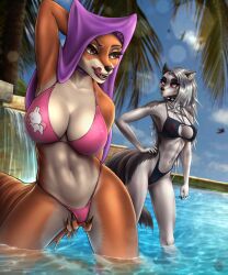 <3_eyes 2023 absurd_res anthro bikini black_clothing black_nose black_swimwear blush blush_lines bodily_fluids brown_eyes canid canid_demon canine claws clothing collar crossover demon detailed_background digital_media_(artwork) disney duo ear_piercing ear_ring eyebrows eyelashes fangs female female/female finger_claws finger_fuck fingering fingering_self fingers fluffy fluffy_tail fox fur grey_body grey_fur grey_hair hair hand_behind_head hand_on_hip heart hellhound helluva_boss hi_res hoodie inner_ear_fluff licking licking_lips long_hair looking_at_another loona_(helluva_boss) maid_marian mammal masturbation masturbation_through_clothing multicolored_body multicolored_fur navel needleart orange_body orange_fur outside palm_tree partially_submerged penetration pentagram piercing pink_clothing pink_swimwear plant pool_toy pupils red_sclera ring_piercing robin_hood_(disney) saliva slit_pupils spiked_collar spikes summer swimwear tail teeth tongue tongue_out topwear tree tuft vaginal_penetration vaginal_penetration water_drop waterfall watermark wet wet_body wet_fur white_body white_fur