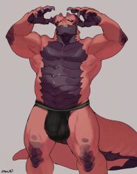 anthro bebebebebe biped bulge claws clothed clothing dragon finger_claws hi_res jockstrap jockstrap_only male male_only musclegut muscular muscular_anthro muscular_male scalie solo standing tail teeth topless underwear underwear_only