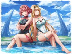 2girls arm_support back-to-back bare_arms bare_legs bare_shoulders barefoot beach big_breasts black_one-piece_swimsuit blonde_hair blue_sky blush border breasts casual_one-piece_swimsuit chest_jewel choker cleavage closed_mouth cloud collarbone commentary competition_swimsuit core_crystal covered_collarbone covered_navel day diamond_(shape) earrings feet feet_out_of_frame gem grass green_gemstone hair_between_eyes halterneck hand_on_own_knee high_res hip_vent interlocked_fingers jewelry leaning_to_the_side light_smile long_hair looking_at_viewer medium_breasts multiple_girls mythra nintendo on_ground one-piece_bikini one-piece_swimsuit open_mouth outside outstretched_arms palms pyra red_eyes red_hair redpoke ribbed_swimsuit short_hair sideboob sidelocks sitting sky smile soaking_feet strap stretching swept_bangs swimsuit taut_clothes thighs tiara turtleneck very_long_hair water wet white_border white_choker white_one-piece_swimsuit xenoblade_(series) xenoblade_chronicles_2 yellow_eyes