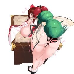 1girls 1insect bow censored clothing cum dallim duo female female_focus insect insectophilia insects large_ass large_breasts large_penis reimu_hakurei touhou zoophilia