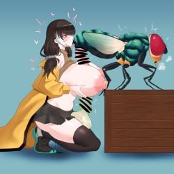 1girls 1insect areolae censor_bar censored character_request condom_on_penis dallim duo female female_focus filled_condom fly half-dressed insectophilia insects large_breasts name_tag paizuri penis rimjob rimming stockings thick_thighs wide_hips zoophilia