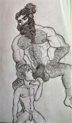 bartel beard bearded big_balls big_penis blowjob facial_hair gay gay_sex hair_bun hairy hairy_arms hairy_balls hairy_chest hairy_legs hairy_male hunk long_hair long_hair_male manly muscle muscular muscular_male oral oral_sex pencil_(artwork) size_difference sketch smile thick_penis traditional_art traditional_media traditional_media_(artwork) veiny_muscles veiny_penis