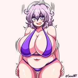 1girls big_breasts blush bra breasts chubby chubby_belly chubby_female embarrassed female female_only hands_on_thighs hat large_breasts letty_whiterock light_purple_hair pale-skinned_female pale_skin panties purple_bra purple_eyes purple_panties seireiart shiny_skin thick_thighs touhou white_headwear wide_hips