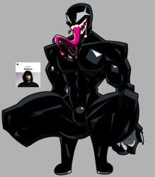 ambiguous_gender big_hands bulge bulge_through_clothing claws crouching eminem long_tongue male_only marvel marvel_comics masculine muscular muscular_thighs sharp_claws sharp_teeth small_feet spider-man_(series) spotify symbiote tagme venom_(marvel) xexeezy