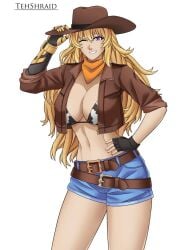 1girls blonde_female blonde_hair cow_print_bikini cowboy_hat cowgirl_outfit long_hair long_hair_female purple_eyes robotic_arm rwby tehshraid yang_xiao_long