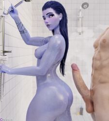 1boy 1girls 3d absurd_res ass big_ass big_penis breasts female hi_res highres nemesis_3d overwatch overwatch_2 penis shower showering standing thick_thighs thighs wet_hair wet_skin widowmaker