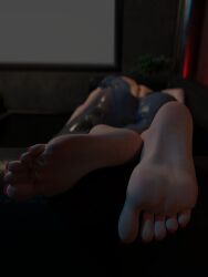 3d barefoot bayonetta bayonetta_(character) bayonetta_2 blender blender_(software) blender_cycles dim_lighting feet foot_fetish insanis_(artist) laying laying_down laying_on_stomach long_toenails partially_clothed red_toenails self_upload sleeping soles tagme toenail_polish toenails toes