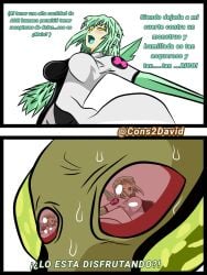 1boy 1girls alien alien_girl ben_10 blue_hair bouncing_breasts chaquetrix chimera_sui_generis comic cons2david diamondhead large_breasts meme pink_eyes red_eyes spanish_text vilgax white_background