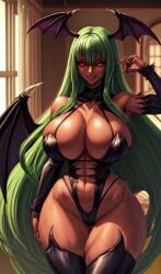 1girls ai_generated big_ass big_breasts blackwashed dark-skinned_female dark_skin darkstalkers demon_girl ebonization female female_only fighter green_hair head_wings hips_wider_than_shoulders morrigan_aensland race_swap race_swap_fetish seductive strong_woman succubus thick_thighs thighs wide_hips