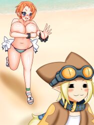 :3 assisted_exposure beach bikini bikini_top breasts covering covering_breasts disgaea embarrassed embarrassed_nude_female enf female large_breasts magic_knight_(disgaea) nippon_ichi_software nude seaside stolen_bikini stolen_clothes stolen_swimsuit thief_(disgaea) topless topless_female yukari_ume