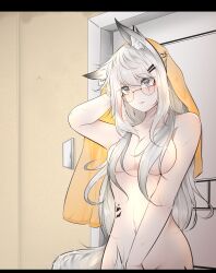 2024 animal_ears arknights bare_breasts glasses grey_eyes hair_ornament hi_res kemonomimi lappland_(arknights) light-skinned_female light_skin long_hair naked nipples_covered nude samip white_hair wolf_ears wolf_girl