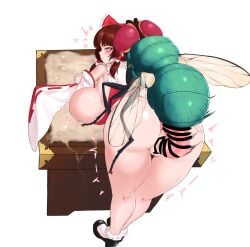 1girls 1insect bow censored clothing cum dallim duo female female_focus insect insectophilia insects large_ass large_breasts large_penis reimu_hakurei touhou zoophilia