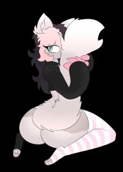 1girl 1girls animal_ears ass asxshlyxx black_background black_fur black_hair black_shirt body_fur bottomless claws closed_mouth crop_top female from_behind full_body furry furry_female glasses green_eyes long_hair looking_at_viewer looking_back multicolored_hair pawpads pink_fur pink_hair pink_thighhighs simple_background sitting solo striped striped_thighhighs tail the_mag the_mag_ thighhighs two-tone_hair wariza white_fur