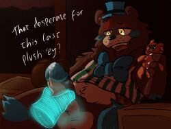 animatronic balls bear bowtie brown_fur carnie_(fnaf) dick eyes five_nights_at_freddy's five_nights_at_freddy's:_help_wanted_2 fnaf fur furry genital_fluids genitals hand hat legs legs_spread male male_focus penis plushie precum stomach thighs vest yellow_eyes