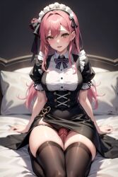 1girls 2:3 ai_generated ass big_ass big_breasts big_butt breasts female maid maid_headdress maid_outfit maid_uniform nipple_bulge pink_hair short_sleeves source_request thighhighs tight_clothing yellow_eyes