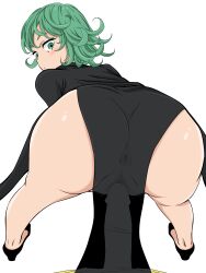 1girls anus ass big_ass clothed clothed_female clothed_female_nude_male clothed_sex doggy_style doggy_style_position embarrassed female female_focus female_human female_only female_penetrated girly green_eyes green_hair heels imminent_penetration imminent_sex imminent_vaginal looking_back one-punch_man only_female panties_removed penetration saitama short_girl short_hair tatsumaki white_background xeno_doujin