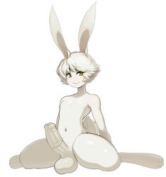 anthro balls big_penis bunny_boy cirrus_(modeseven) digitigrade hair kneeling lagomorph long_ears looking_at_viewer male mammal modeseven nude penis rabbit simple_background sitting smile solo trap uncut western_art white_background white_hair wide_hips yellow_eyes