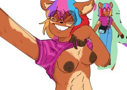 1girls anonymous_artist anthro anthro_only blue_body blue_bottomwear blue_clothing blue_pants bottomwear breasts breasts_out brown_fur brown_nipples closed_eyes closed_eyes clothing cute deer deer_ears deer_girl female female_focus female_only furry furry_only glasses melody_nosurname multicolored_hair orange_hair pink_clothing pink_hair pink_shirt purple_hair red_hair shirt shirt_lift smile smiling smiling_at_viewer teeth teeth_showing wholesome wholesome_nudity