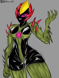 1girls alien alien_girl ben_10 black_skin chaquetrix eyelashes female green_skin grey_background grin large_breasts looking_at_viewer medium_breasts ozma_xz pink_eyes plant_girl smile solo swampfire thick_thighs wide_hips