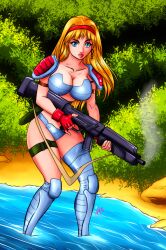 1girls alluring armor_shoulderpads big_breasts blaster blonde_hair blue_eyes cleavage contra contra_4 contra_hard_corps fingerless_gloves jungle shayeragal sheena_etranzi thighhigh_boots water weapon