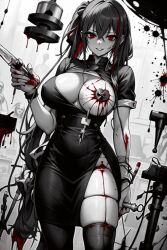 1girls ai_generated black_and_white black_and_white_and_red blood blood_splatter female female_focus female_only gothic greyscale horror hylian_r34 monochrome nurse one_breast_out self_upload tagme unstable_diffusion yandere