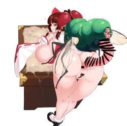 1girls 1insect anus bow censored clothing cum dallim duo female female_focus insect insectophilia insects large_ass large_breasts large_penis reimu_hakurei touhou zoophilia