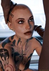 3d bald_female big_penis black_male blankpins dark-skinned_male dark_skin hand_on_head interracial jack_(mass_effect) light_skinned_female lipstick mass_effect nude_female penis_on_face sci-fi subject_zero submissive_female tattoo tattoo_on_chest tattoos