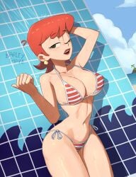 1girls barleyshake beach big_breasts bikini breasts cartoon_network dexter's_laboratory dexter's_mom female_only mature_female navel red_body short_hair solo thighs wet