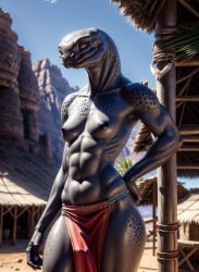 ai_generated alien alien_girl black_nipples bottomwear breasts clothing female female_sangheili genitals grey_body grey_scales halo_(series) hi_res humanoid jewelry loincloth loincloth_aside looking_away marcus64 navel nipples nude sangheili scales solo standing tagme tribal tribal_jewelry