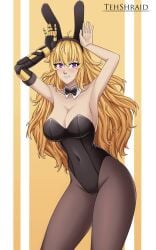 1girls blonde_female blonde_hair bunny_ears bunny_girl bunnysuit posing purple_eyes robotic_arm rwby showing_cleavage tehshraid yang_xiao_long