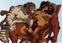 2boys balls cum dragon erection feline fileossur gay hairy handjob horn licking male male_only mammal manly muscular nipples nude penis piercing precum rossciaco scalie sitting thick_penis tiger tongue tongue_out yaoi