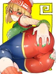 1girls arms_(game) ass ass_focus blonde_hair dat_ass female green_eyes green_nails large_ass legs_together looking_back min_min_(arms) nail_polish nintendo presenting_hindquarters short_hair solo takayama_toshinori thick_thighs wide_hips