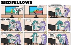 2014 2d anthro bedfellows blush comic cum duo english_text fatigue feline fur furry furry_male furry_only green_fur horn humor ikerochu jackalope lagomorph male mammal masturbation purple_fur sheen shenanigans text yaoi