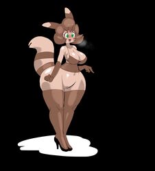 black_background blush bottomless breasts breath brown_fur brown_hair clothed clothes curly_q eyelashes female fur furret green_hair hair high_heels keijimatsu nintendo open_mouth pokemon pokemorph pussy simple_background solo standing tan_fur thick_thighs tongue tongue_out wide_hips