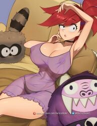 1girls arm_up armpits barleyshake breasts choker cleavage covered_nipples foster's_home_for_imaginary_friends frankie_foster large_breasts lying lying_on_back panties see-through solo_focus