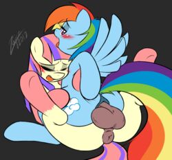 anal anal_sex anus balls blue_feathers blue_fur blush closed_eyes duo equine feathers female feral friendship_is_magic fur hair legs_up lying male mammal moan multicolored_hair multicolored_tail my_little_pony nude on_back pegasus penetration penis rainbow_dash_(mlp) rainbow_fur rainbow_hair rainbow_tail sex simple_background spread_legs spreading straight wings zajice