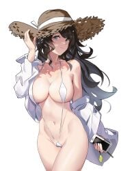 1girls black_hair breasts green_eyes hanghan hat holding_phone large_breasts long_hair looking_at_viewer midriff mole mole_under_eye navel one-piece_swimsuit open_shirt original phone shirt slingshot_swimsuit straw_hat swimsuit white_one-piece_swimsuit white_shirt white_swimsuit