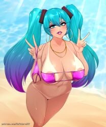 1girls areolae areolae_slip big_breasts bikini bikini_bottom bikini_bottom_removed bikini_tan bikini_top bimbo blue_eyes blue_hair bottomless breasts cleavage double_peace_sign ear_piercing earrings eyepatch_bikini eyeshadow female female_only gyaru hair hatsune_miku hoop_earrings hoop_earrings_oversized huge_breasts lips lipstick multicolored_hair necklace neckwear nipple_bulge nofuture panties panties_removed peace_sign pink_bikini pink_eyeshadow pink_lips pink_lipstick solo solo_female tan tan_body tan_skin tanlines tanned tanned_female tanned_skin thick_lips thick_thighs thighs twintails vocaloid