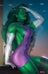 1girls abs anonarts big_breasts dress female female_only giant_breasts green-skinned_female green_body green_hair green_skin huge_breasts hulk_(series) marvel marvel_comics muscular muscular_arms muscular_female she-hulk solo solo_female thick_thighs wide_hips