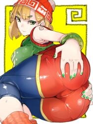 1girls arms_(game) ass ass_focus blonde_hair dat_ass female green_eyes green_nails large_ass legs_together looking_back min_min_(arms) nail_polish nintendo presenting_hindquarters short_hair solo sweat sweatdrop sweating takayama_toshinori thick_thighs wide_hips