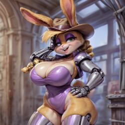 ai_generated anthro archie_comics bedroom_eyes big_breasts blonde_hair breasts bunnie_rabbot bunny bunny_ears cleavage clothed cowboy_hat cowgirl cyborg farmgirl furry green_eyes hand_on_hip huge_breasts huge_hips lagomorph large_breasts leotard rabbit robot_legs robotic_arm solo sonic_(series) sonic_the_hedgehog_(archie) sonic_the_hedgehog_(comics) sonic_the_hedgehog_(series) southern_accent tagme tagme_(artist) thighs