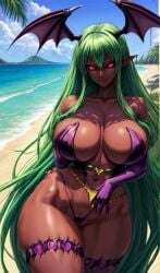 1girls ai_generated beach big_ass big_breasts bikini blackwashed dark-skinned_female dark_skin darkstalkers demon_girl ebonization female female_only fighter green_hair hips_wider_than_shoulders morrigan_aensland race_swap race_swap_fetish seductive strong_woman succubus thick_thighs thighs wide_hips