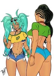 2024 2girls ass athletic athletic_female black_hair blue_eyes blue_hair brazil brazilian brazilian_female brazilian_miku breasts busty capcom crop_top crossover dark-skinned_female dark_skin female female_focus female_only hatsune_miku hourglass_figure laura_matsuda long_hair lucaspflp medium_breasts multiple_girls skimpy skimpy_clothes street_fighter street_fighter_v tan tan_body tan_skin tanline trait_connection twintails vocaloid wide_hips