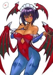 1girls animal_print areola_slip bare_shoulders bat_print bat_wings big_breasts binelu01 blue_pantyhose breasts cleavage_cutout clothing_cutout cosplay covered_navel dakusuta dark-skinned_female dark_skin darkstalkers demon_girl demon_wings female female_focus female_only head_wings heart highleg highleg_leotard huge_breasts large_breasts leotard lilith_(saikin_yatotta_maid_ga_ayashii) lilith_aensland lilith_aensland_(cosplay) low_wings maid maid_headdress mole mole_on_breast mole_under_eye name_connection pantyhose ponytail print_pantyhose purple_eyes purple_hair red_leotard saikin_yatotta_maid_ga_ayashii short_hair solo speech_bubble spoken_heart standing thick_thighs vampire_savior wings