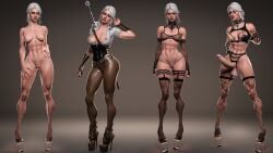 1futa 1girls 3d breasts ciri completely_nude female fishnets futanari green_eyes high_heels light-skinned_female lingerie nipples nude pussy stiletto_heels stockings the_witcher_(series) the_witcher_3:_wild_hunt thejaderabbit white_hair