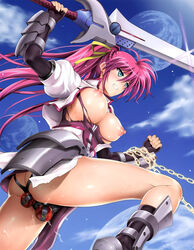 absurdres anal anal_object_insertion ass blue_eyes blush boots breasts breasts_out chains clenched_teeth cyclone dildo dildo_harness faulds female female_only fingerless_gloves gauntlets gloves hair_ribbon highres jacket large_breasts levantine long_hair lyrical_nanoha mahou_shoujo_lyrical_nanoha mahou_shoujo_lyrical_nanoha_a's nipples object_insertion pink_hair planet ponytail puffy_nipples puffy_sleeves pussy_juice pussy_plug ribbon shiny shiny_hair shiny_skin signum solo sweat sword teeth tied_hair torn_clothes weapon